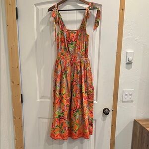 Lands' End Orange Floral Tie-Shoulder Sundress